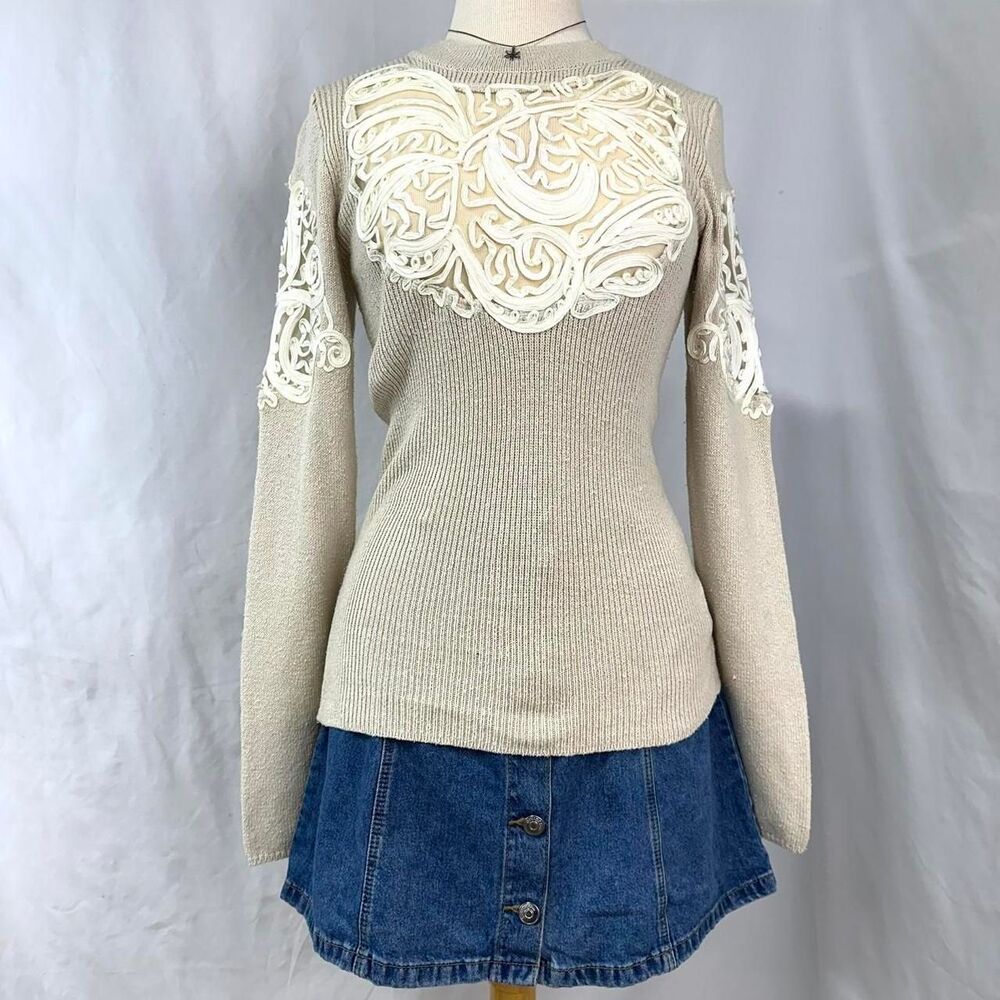 FREE PEOPLE Beige Cream Long Sleeve Knit Sweater Lace Mesh Details Womens M Soft